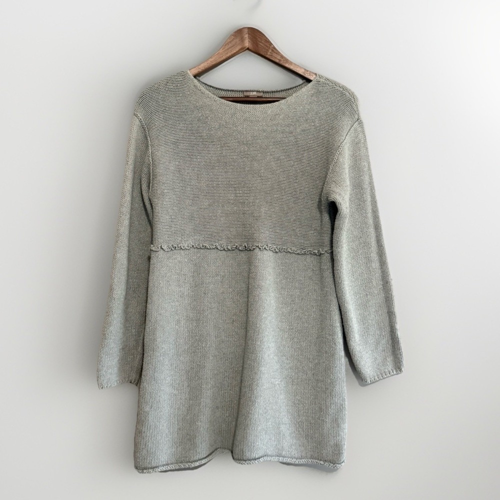 J Jill Knit Sweater Tunic Dress Gray Ruffle Thick Cotton Classic Cottage Medium